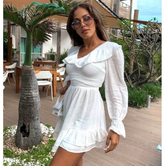 White Long Sleeve V-Neck Open Back Ruffle Hem Mini Dress - Picture 11 of 17